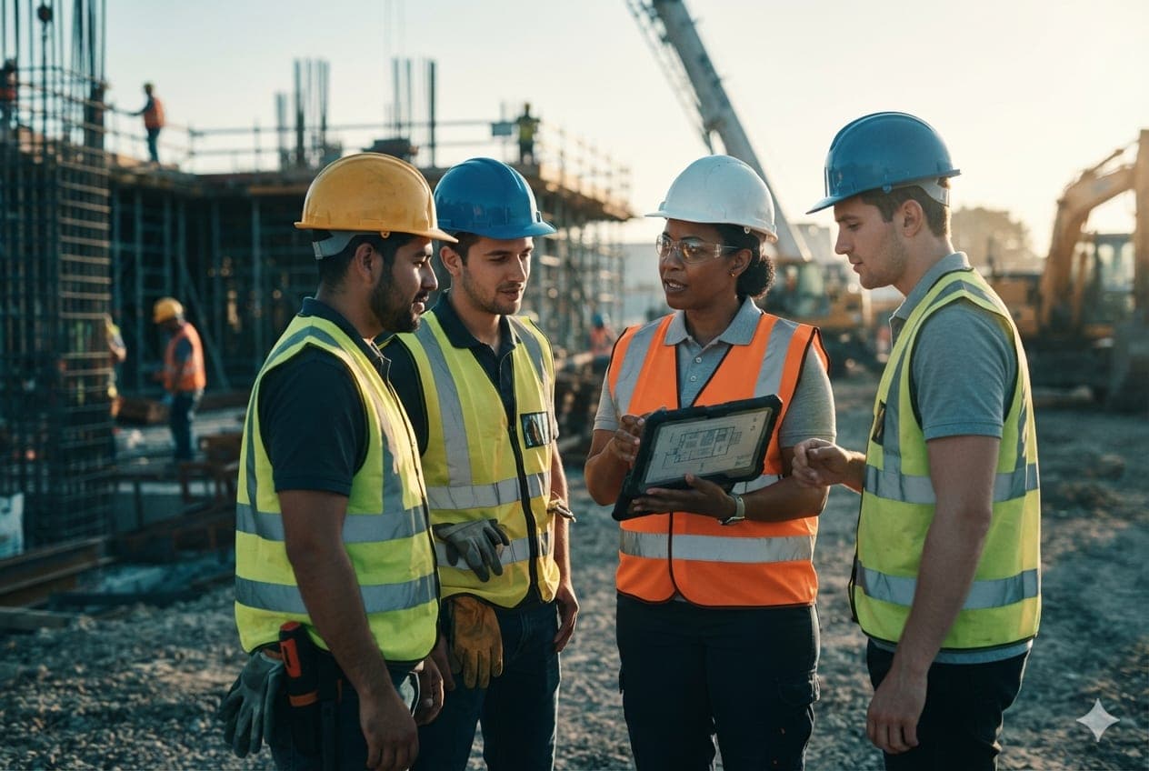 Site supervisor briefing a construction team in high-visibility gear