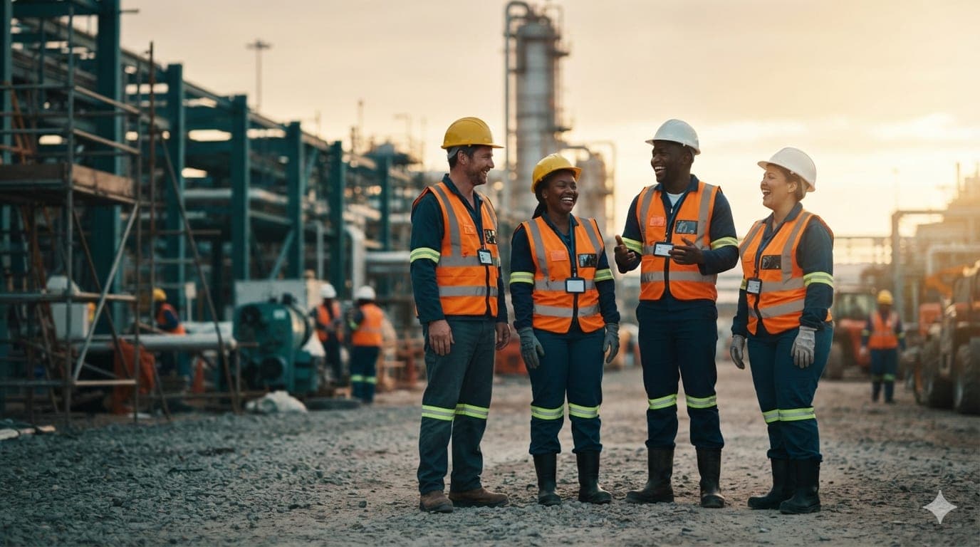 IE Services workers in high-visibility gear sharing a laugh on an industrial site at dusk