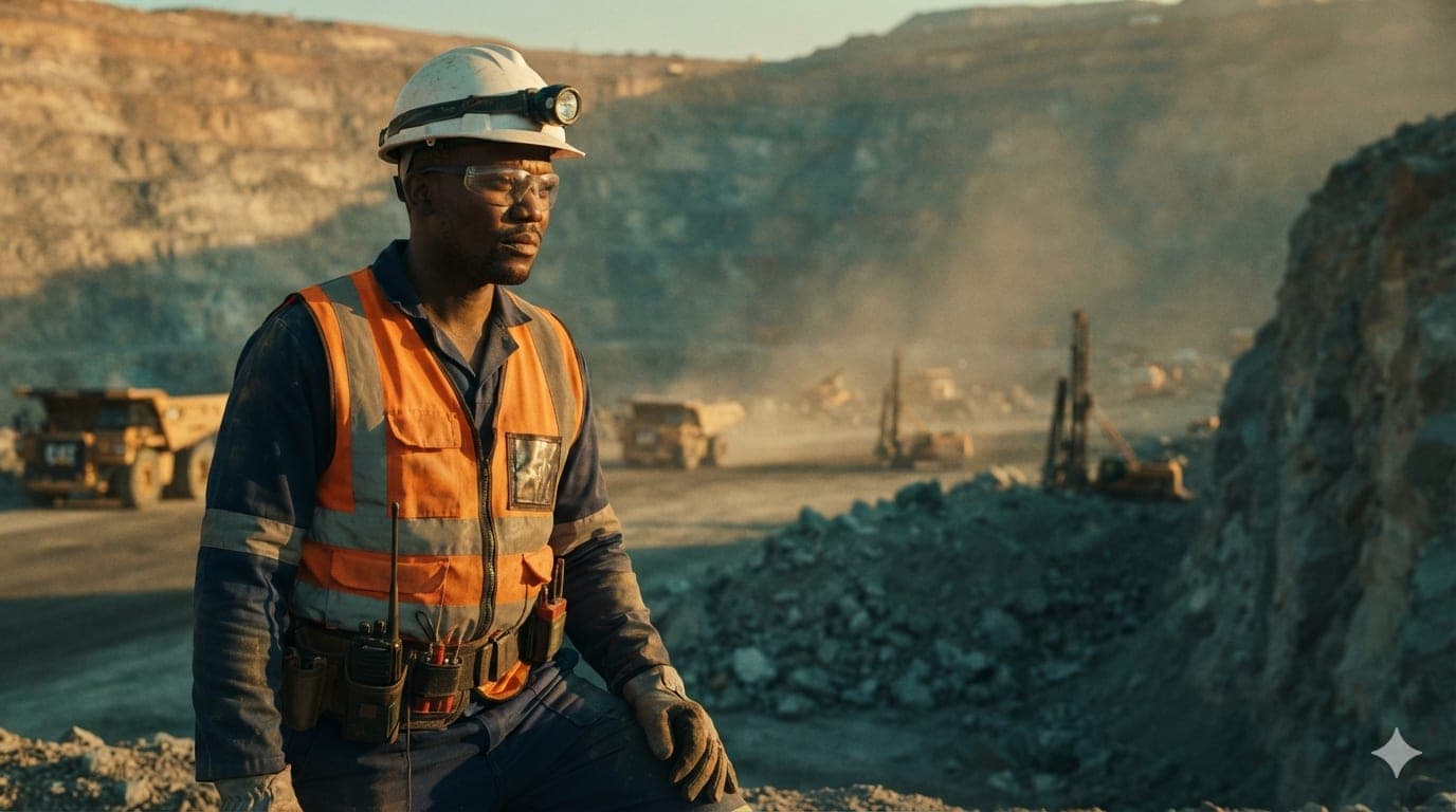 IE Services blasting technician in full PPE overlooking an open-pit mining operation